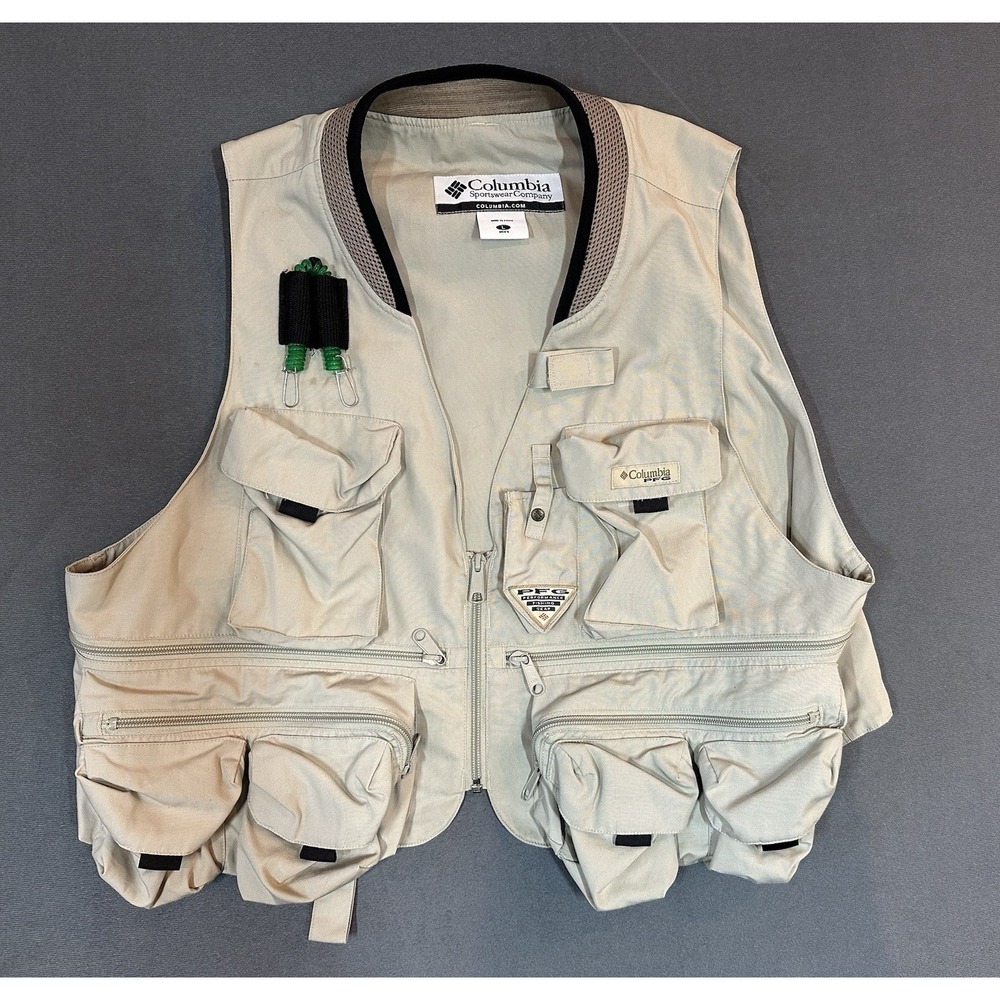 Columbia PFG‎ Vest Mens Beige Fishing Utility Multi Pocket Outdoor Size L